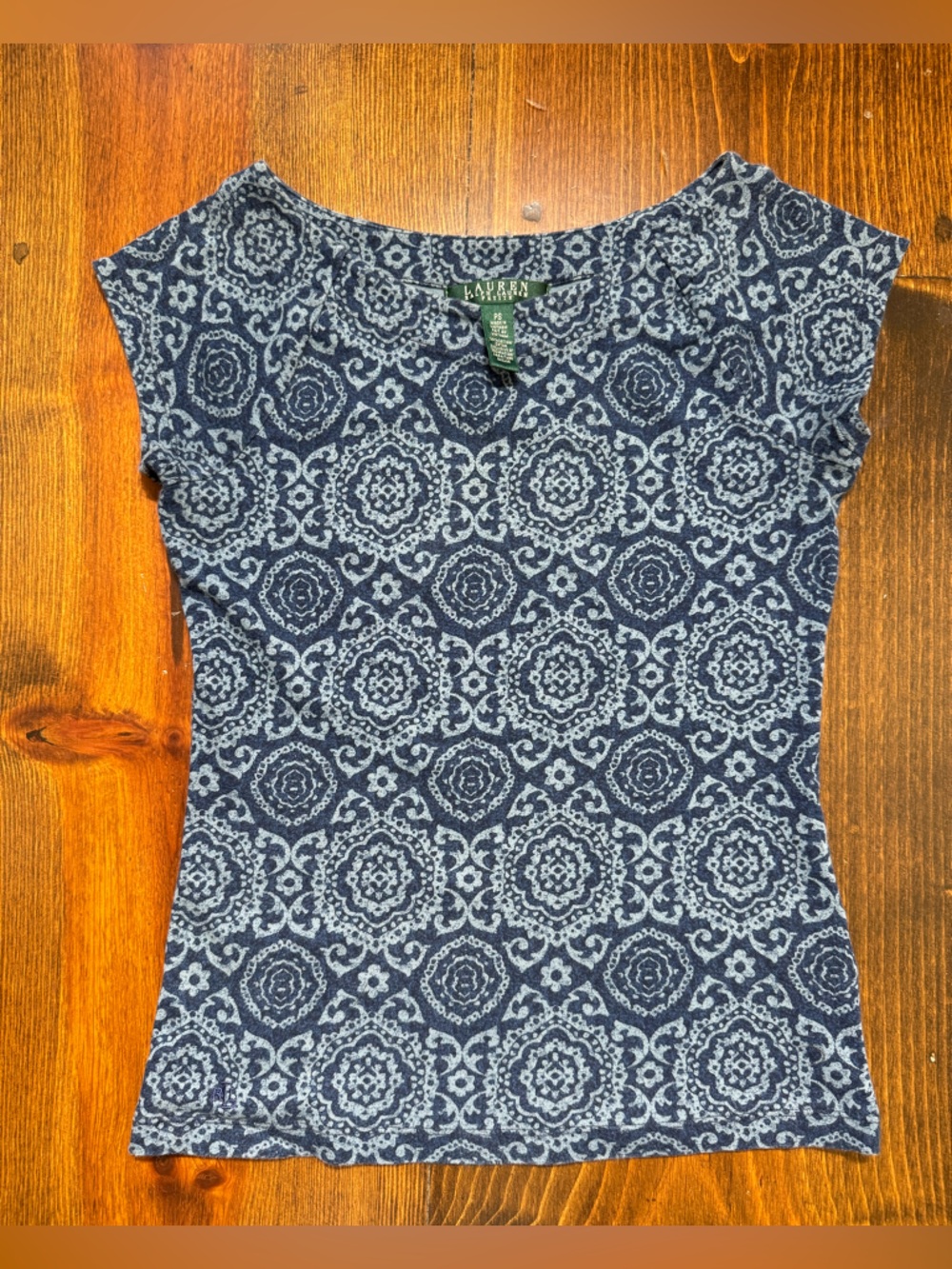 Vintage Ralph Lauren Navy and White Printed Petite Top Small